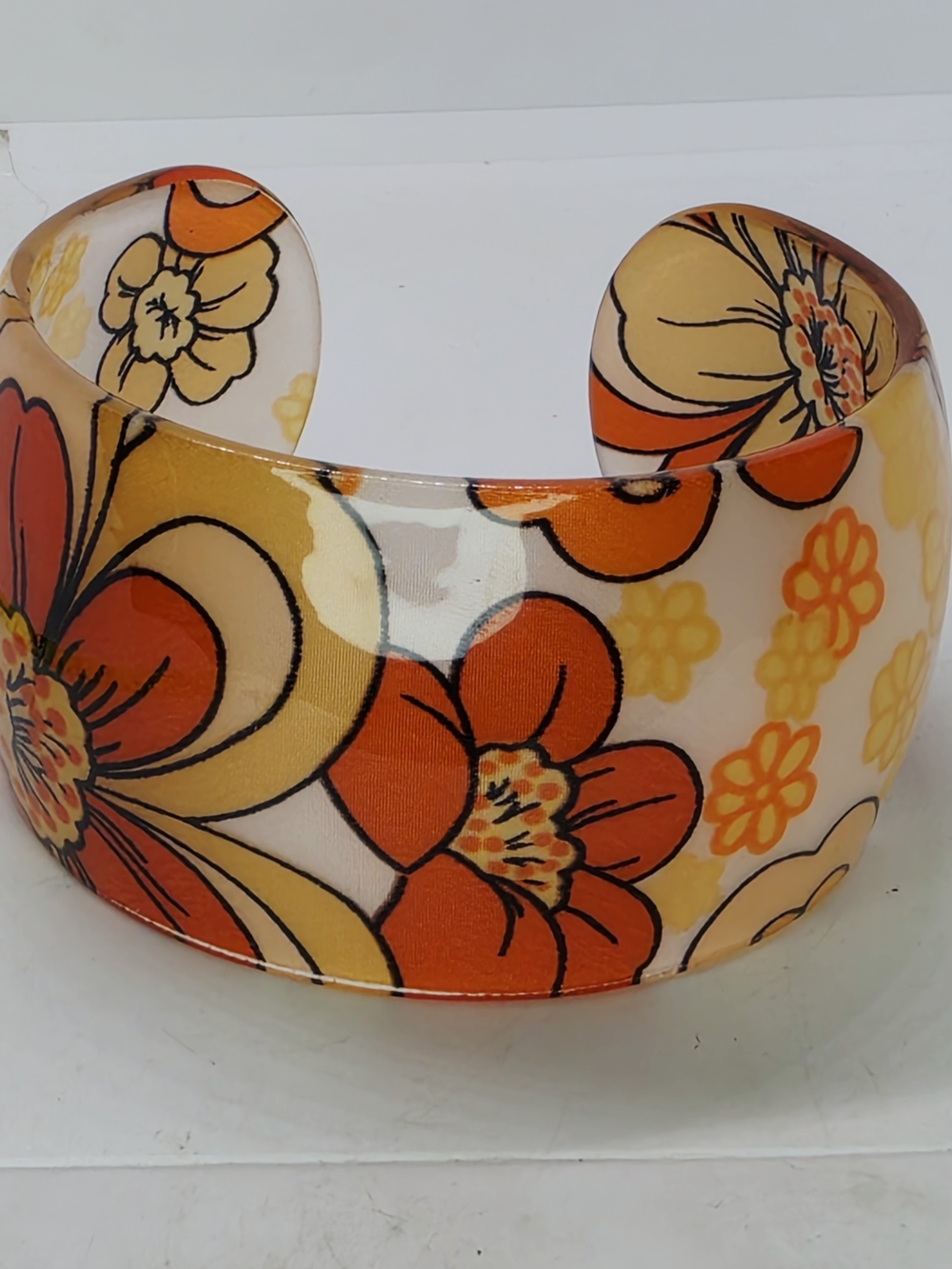 Vtg 70s MOD Yellow Orange Lucite Floral Flower Power Bangle Chunky Wide Bracelet
